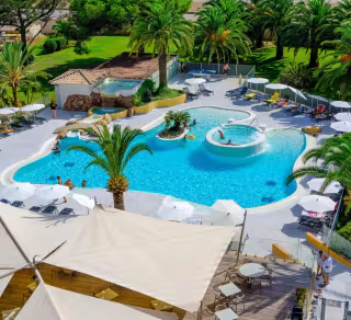 Piscine aux formes arrondies et son îlot de palmiers, entourée de transats