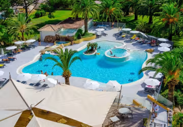Piscine aux formes arrondies et son îlot de palmiers, entourée de transats