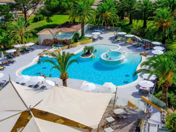 Piscine aux formes arrondies et son îlot de palmiers, entourée de transats