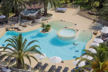 Piscine et jacuzzi entourés de palmiers et de transats, vus d'en haut